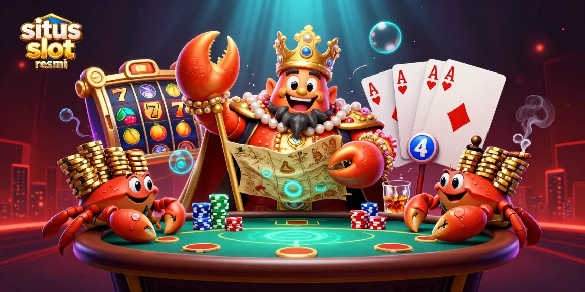 Spin the reels at situs slot resmi with golden crab emperor amidst vibrant slot elements and poker chips.
