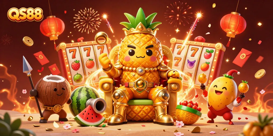 Experience QS88 casino excitement with a golden pineapple king amidst thrilling slot reels.