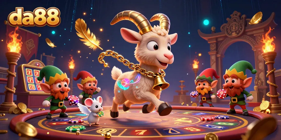 da88 captures the festive horror theme in a vibrant casino scene featuring Krampus, a mouse, and gremlins.