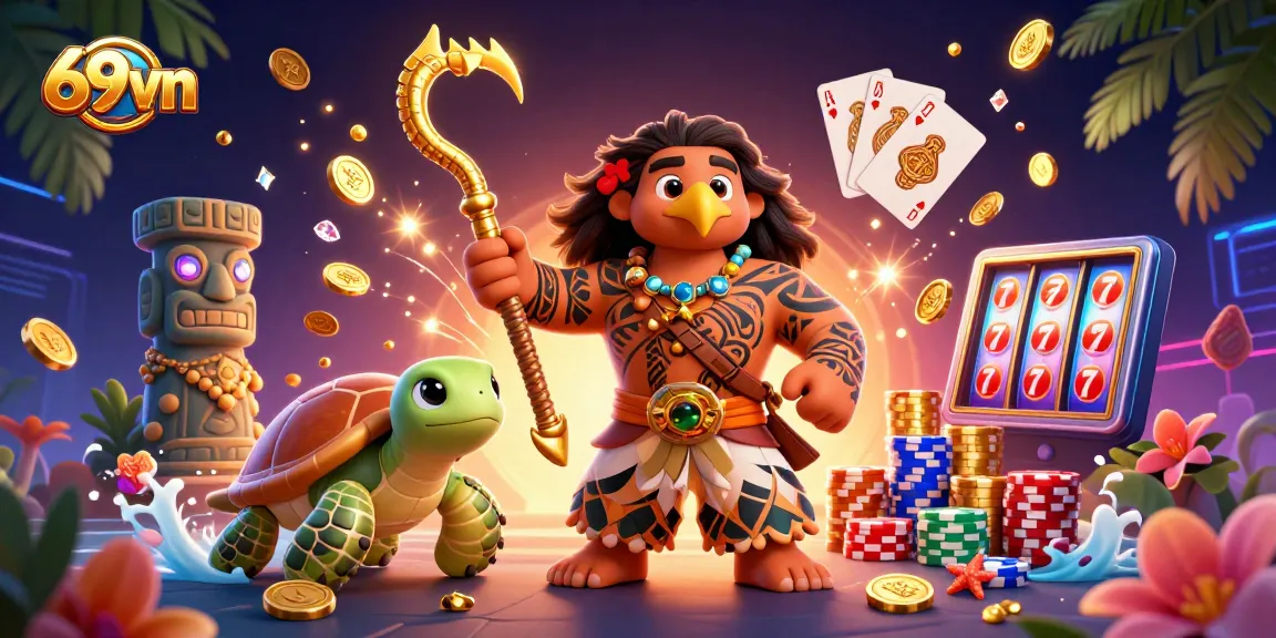 Win big with 69vn in an ultra-vibrant 3D casino scene filled with golden coins and lucky game elements.