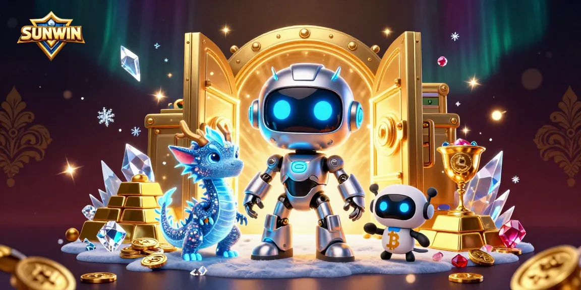 SUNWIN showcases a vibrant cyberpunk scene with a robotic mascot, a holographic dragon, and a drone, surrounded by treasures.