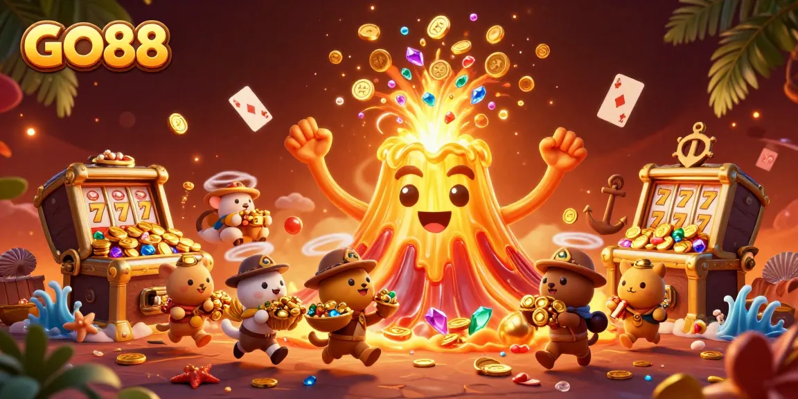 Engage with GO88's thrilling online experience as a golden volcano erupts with treasures in this vibrant casino scene.