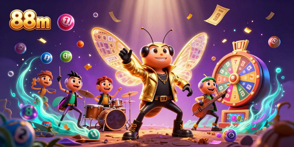 Experience vibrant gaming with 88m as a cartoon cicada rock star and friends in a dynamic casino scene.