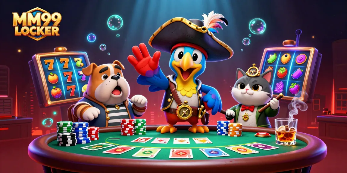Engage with exciting slots at MM99 LOCKER featuring vibrant characters playing poker and enjoying the thrill.