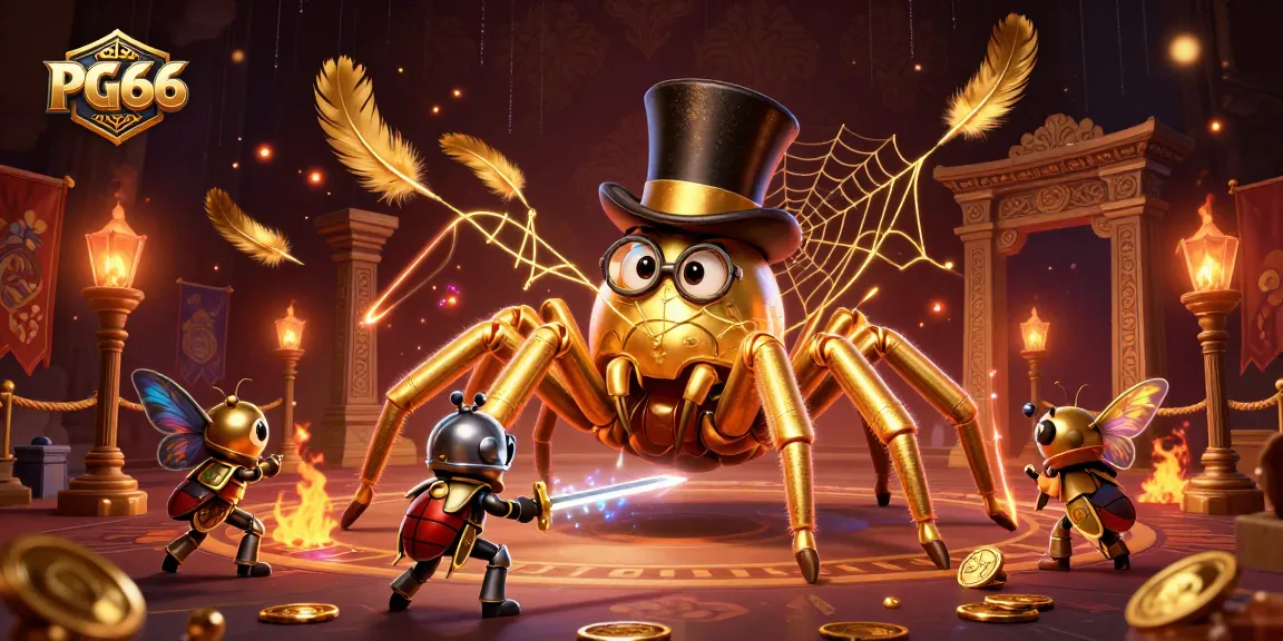 Experience PG66's dynamic gambling scene with a golden tarantula and beetle knight.
