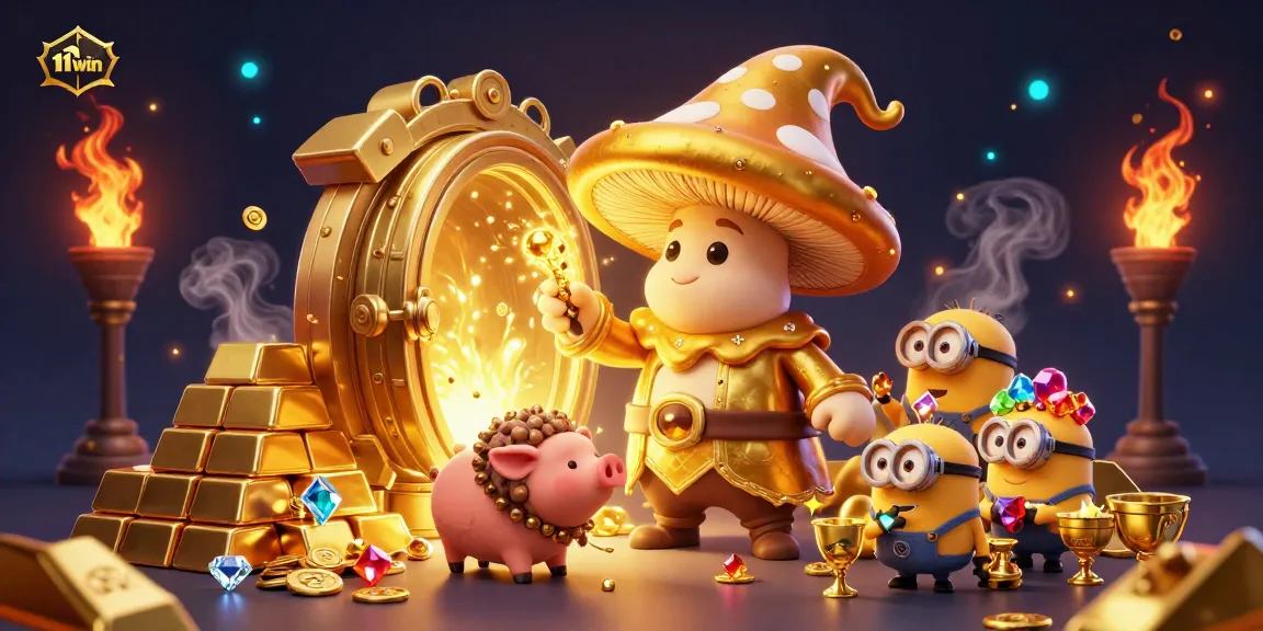Experience the magic of winning at 11WIN with cartoon-style treasure and wizardry in a vibrant casino setting.
