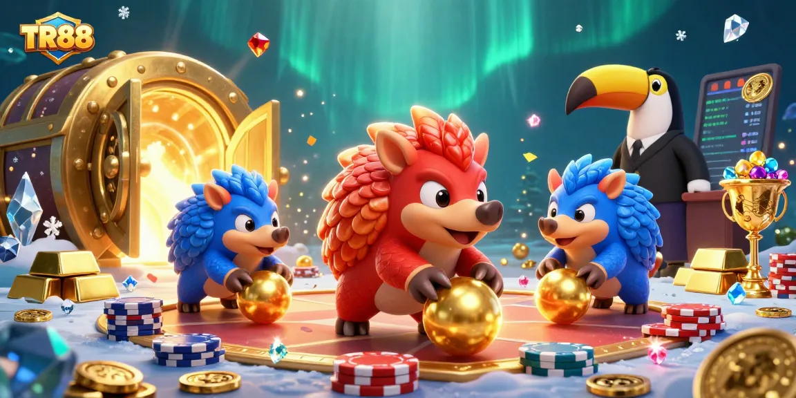 TR88 showcases a dynamic scene with rival pangolins in a poker-themed environment, rolling golden balls amidst poker chips.