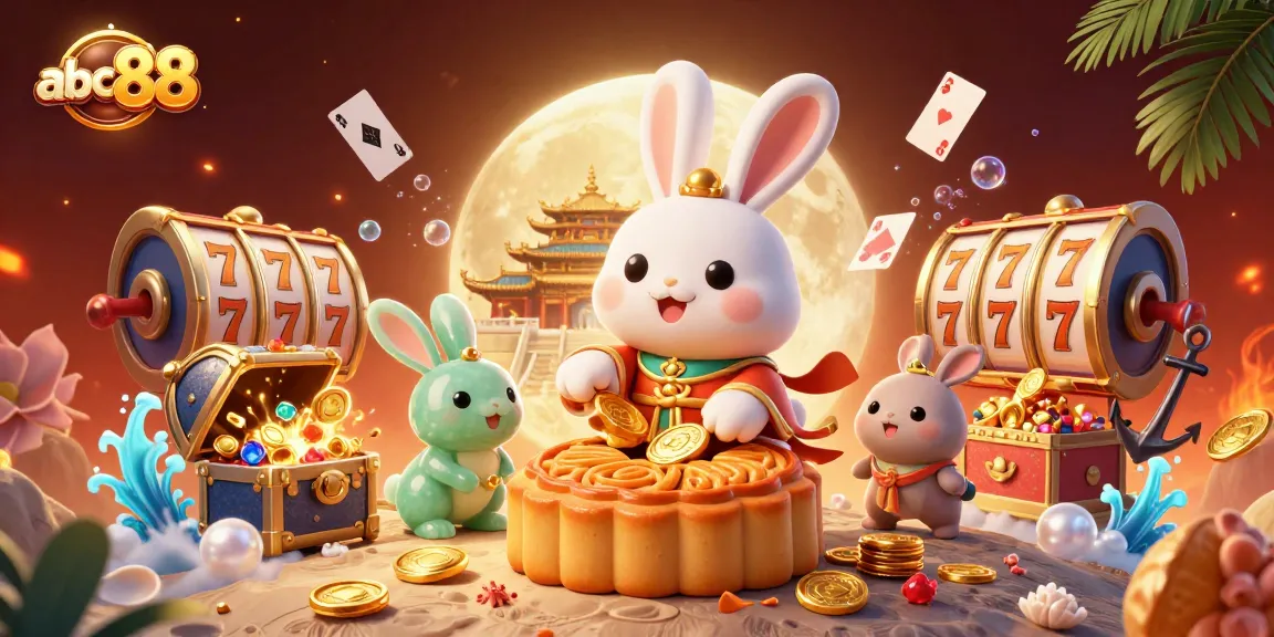 Spin the reels with abc88 as the moon rabbit unveils treasures in a vibrant casino scene.