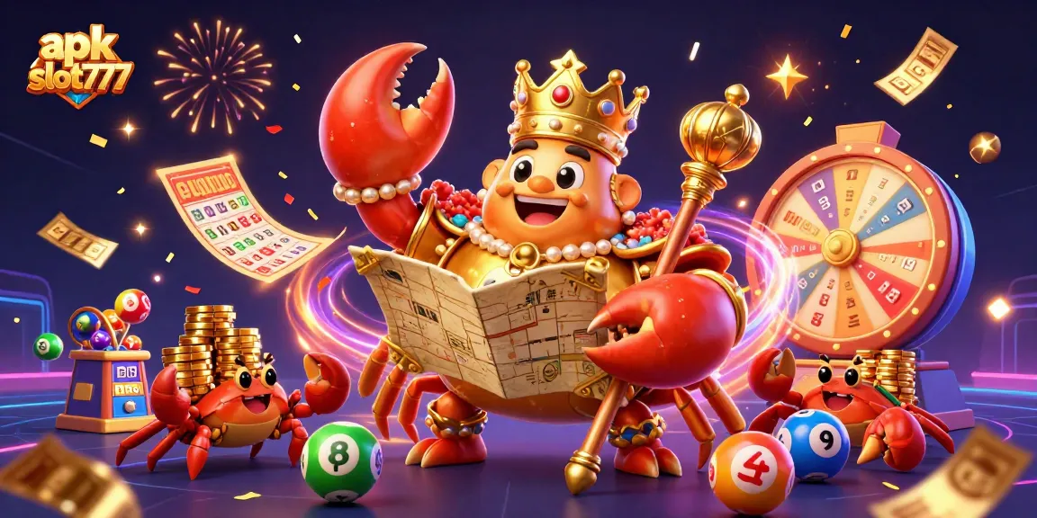 Spin and win big with apk slot777, featuring a golden crab emperor amidst vibrant casino elements.