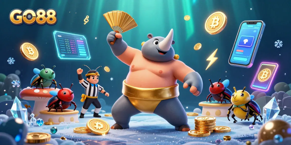 Experience casino excitement with GO88 featuring a rhinoceros beetle champion amidst flying coins and crypto elements.