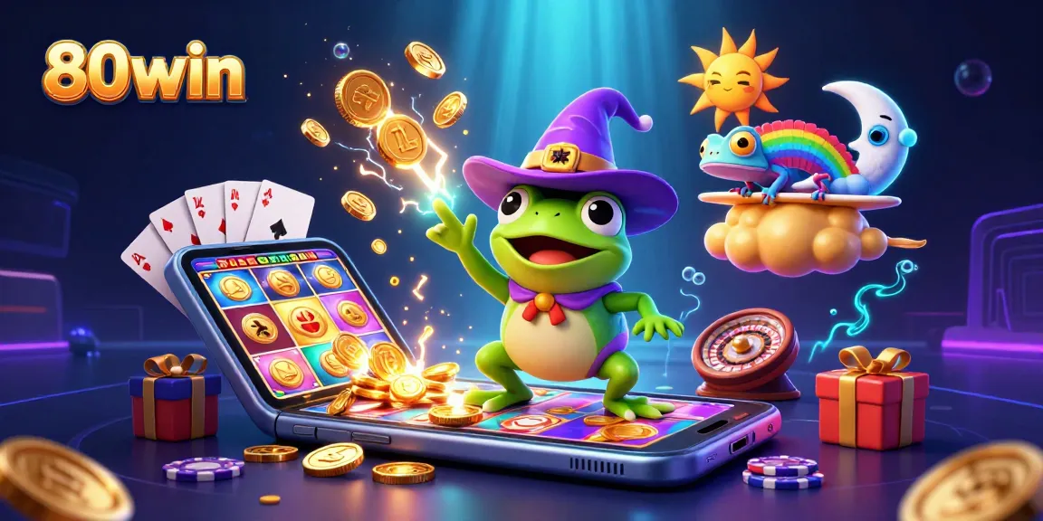 Spin slots on 80win as the wizard frog conjures a storm of coins amidst vibrant gambling elements.