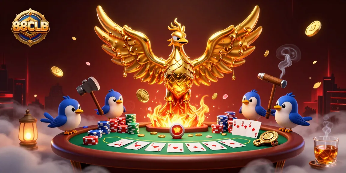 Experience the thrill of 88CLB with a vibrant casino scene featuring a molten phoenix and poker elements.