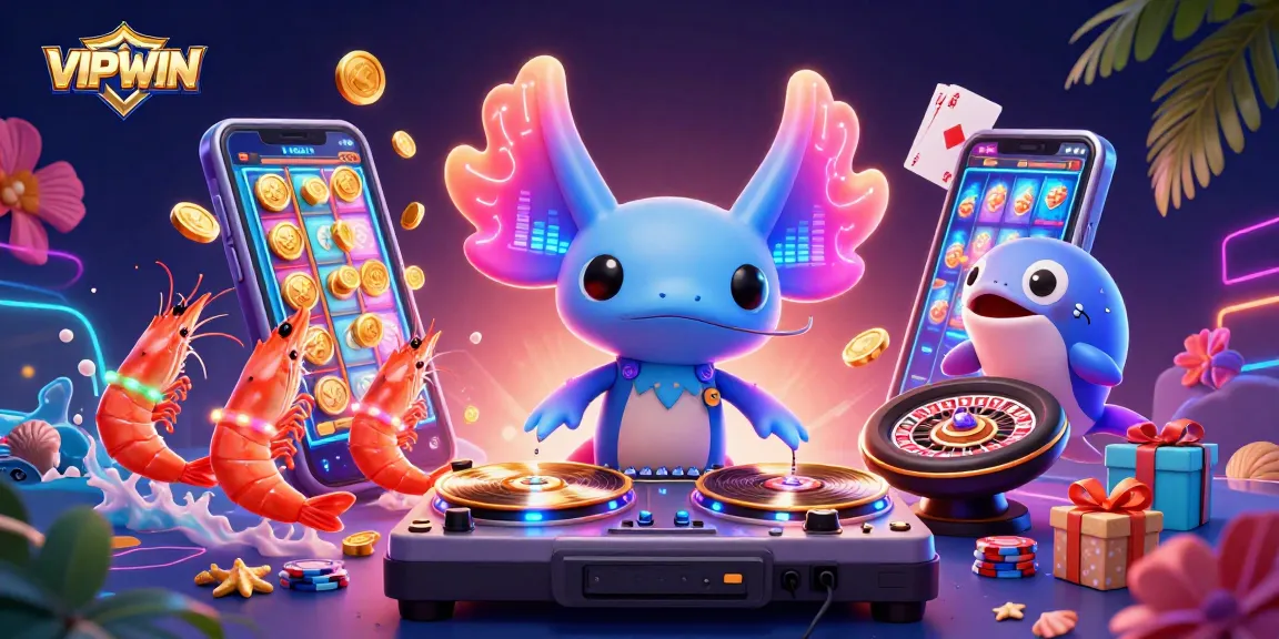VIPWIN features a vibrant casino scene with an axolotl DJ and lively underwater characters, showing exciting gameplay.