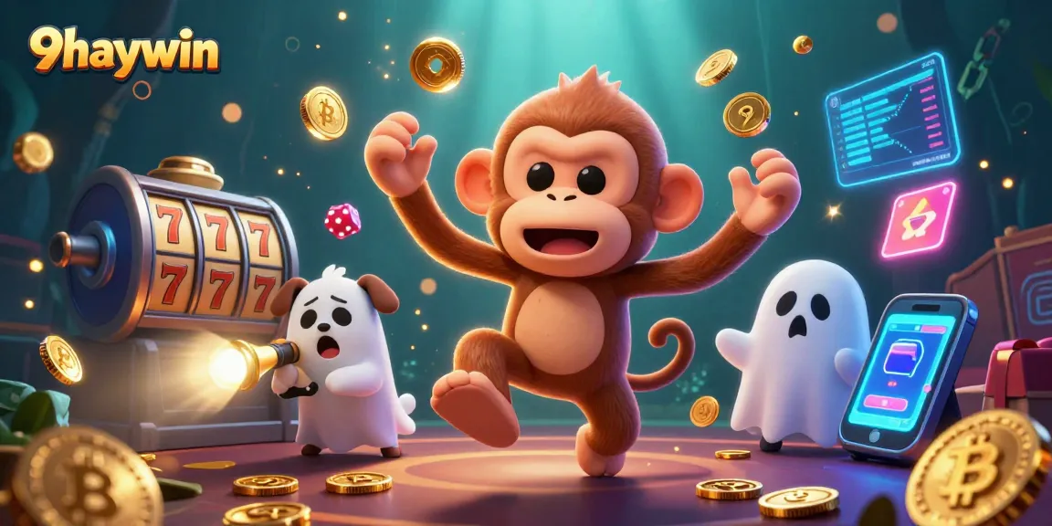 Experience thrilling games at 9haywin with a mischievous poltergeist monkey juggling coins in a vibrant casino.