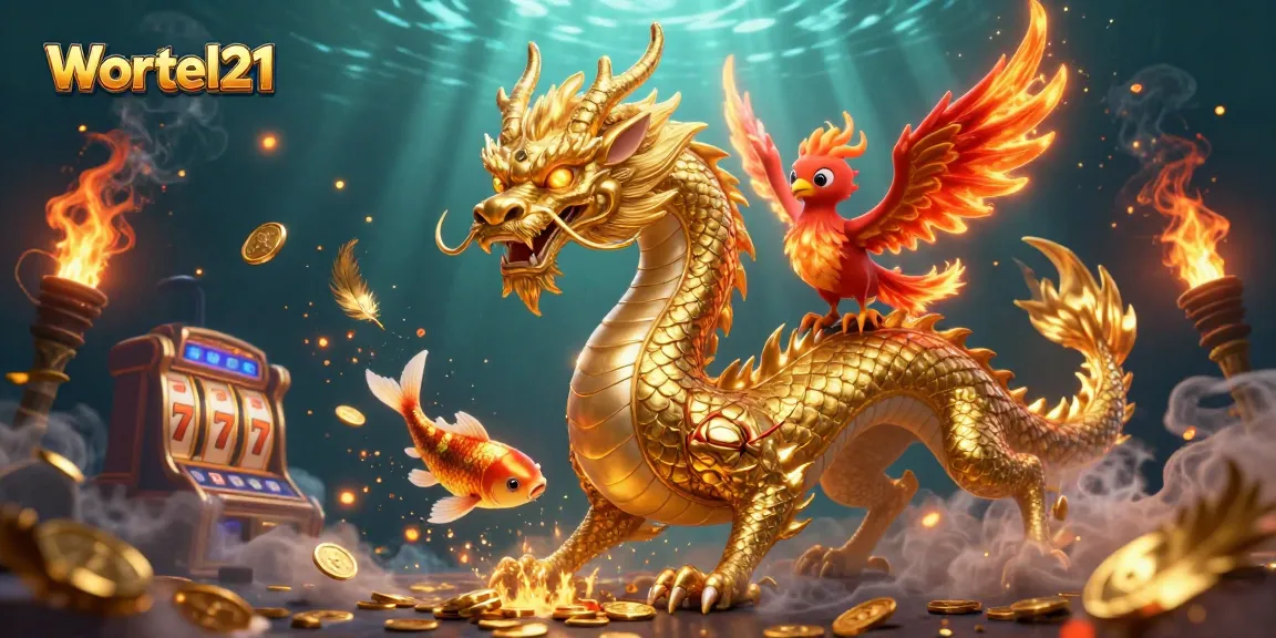Experience the thrilling embrace of Wortel21 with a dynamic dragon, phoenix, and koi amidst sparkling coins.