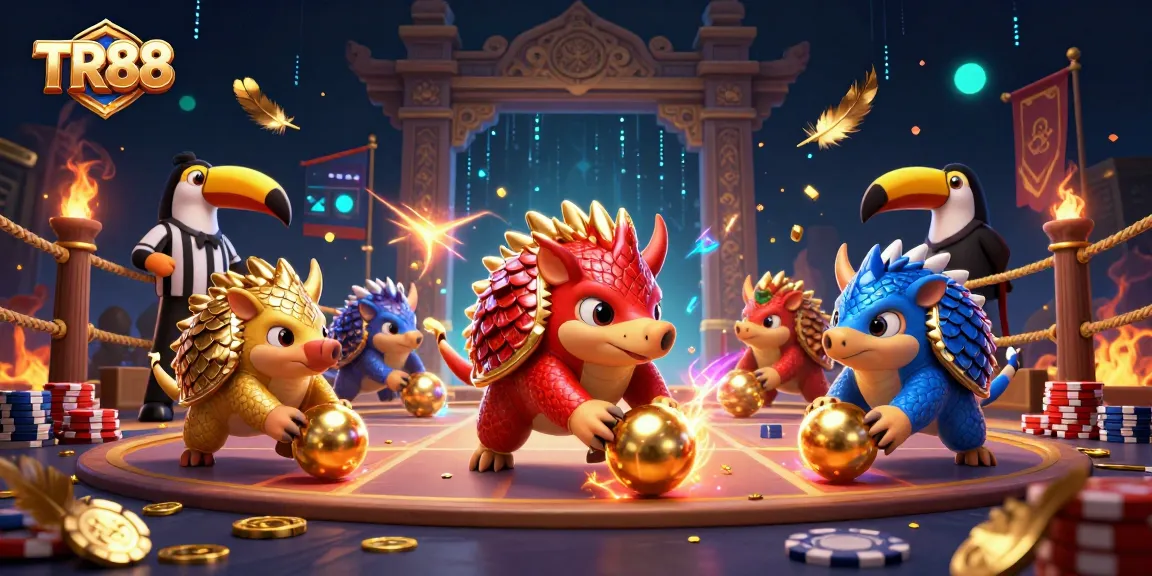 TR88 pangolins bowl through poker chips in a vibrant gaming arena, showcasing a thrilling casino scene.