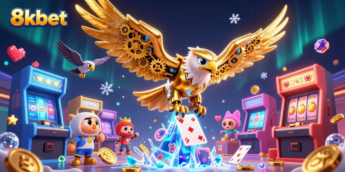 Spin to win with 8kbet's animated golden eagle amidst vibrant casino-themed elements.