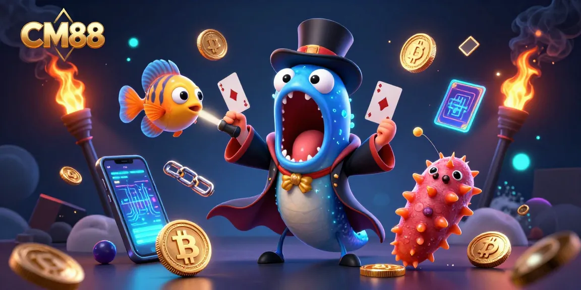 Experience the magic of CM88 with a bioluminescent eel performing card tricks in a vibrant underwater casino scene.
