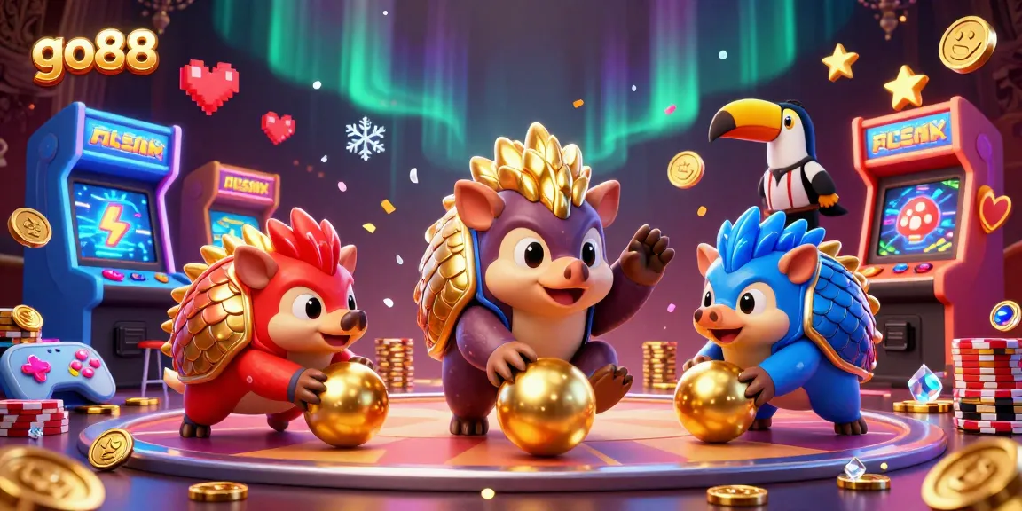 Experience thrilling gameplay at go88 with pangolins bowling through poker chips and vibrant game elements.