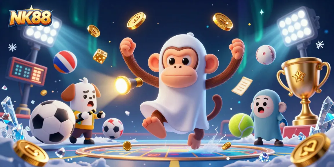 Experience the excitement of NK88 sports betting with a poltergeist monkey and ghost-hunter puppy in a vibrant casino.