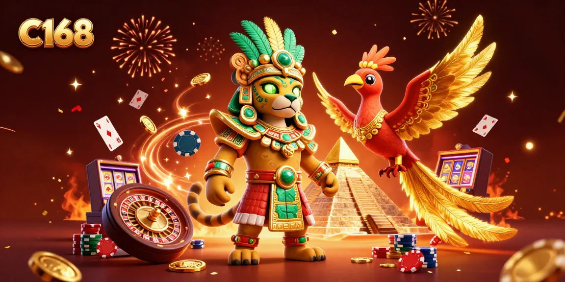Experience excitement at C168 with vibrant casino elements and characters in a festive atmosphere.