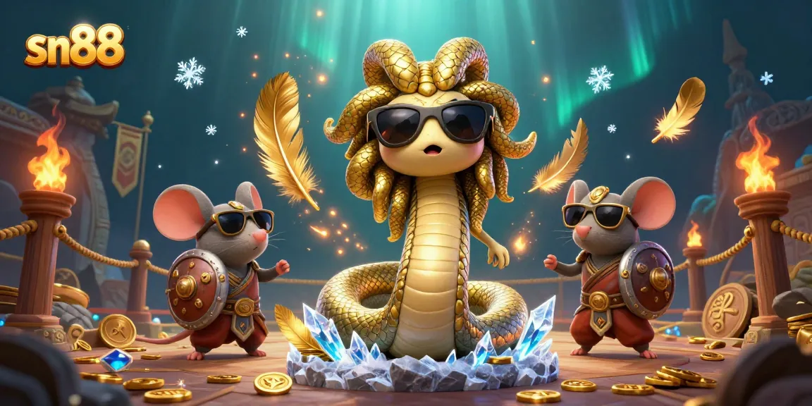 Experience the thrill of sn88 with a vibrant 3D casino scene featuring Medusa and a warrior mouse.