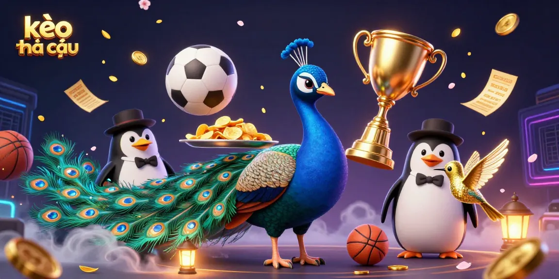 Experience kèo nhà cái with vibrant sports betting elements, an aristocratic peacock, and a charming penguin.