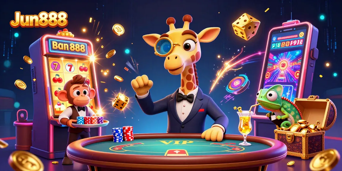 Experience the thrilling world of Jun888 with a high-roller giraffe at a VIP poker table amidst dynamic casino elements.