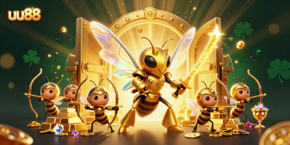Experience epic wins at uu88 with a dynamic scene of a giant golden hornet in samurai armor surrounded by treasures.