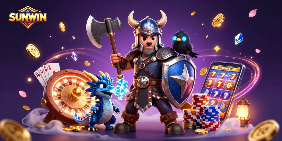 SUNWIN casino adventure with a Viking wolf warrior, fierce dragon, and glimmering game elements.