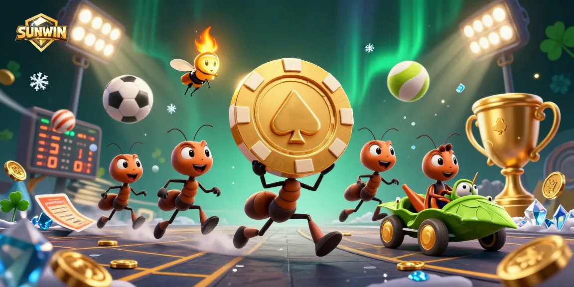 SUNWIN showcases a vibrant 3D illustration of animated ants on a heist, surrounded by casino elements and sports balls.