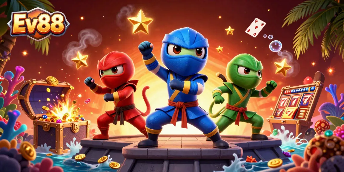 Ev88 showcases vibrant chameleon ninjas in a thrilling 3D casino scene bursting with adventure.