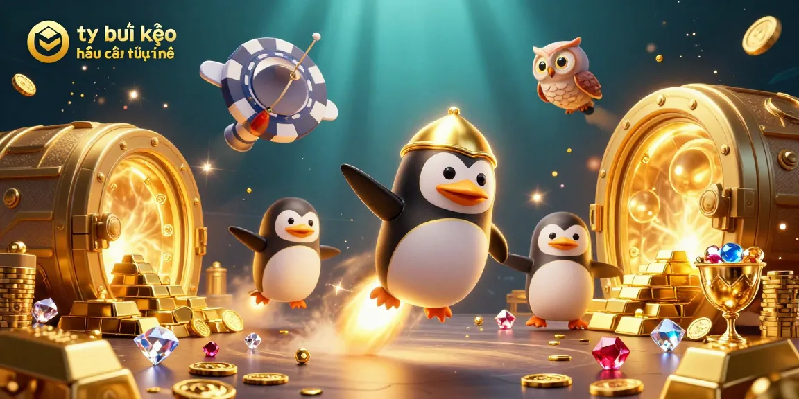 Track betting odds with tỷ lệ kèo nhà cái trực tuyến in a vibrant 3D illustration showcasing a golden penguin.