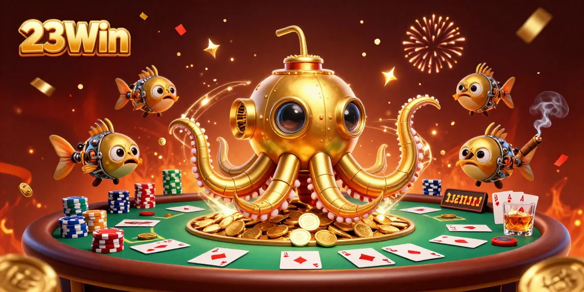 Experience thrilling poker at 23Win with a golden kraken submarine surrounded by vibrant game elements.