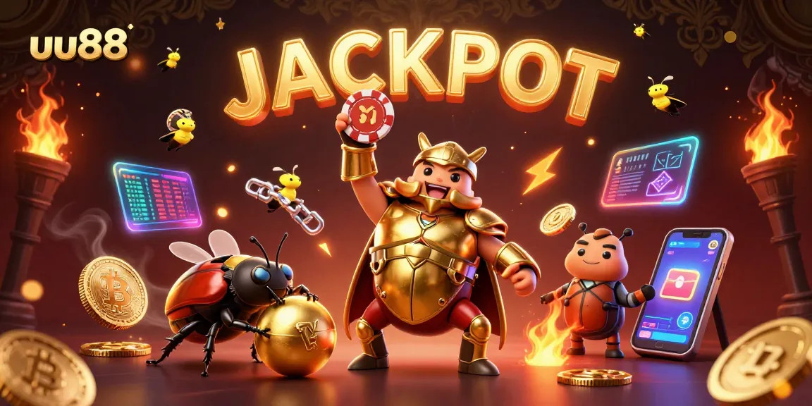 Win big with uu88 in this vibrant 3D casino scene featuring golden beetles and glowing crypto coins.