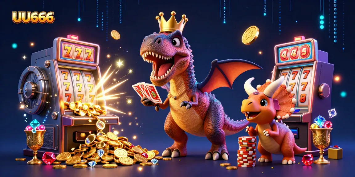 Join the excitement at UU666 as a T-Rex shuffles cards in a vibrant casino scene full of treasure.