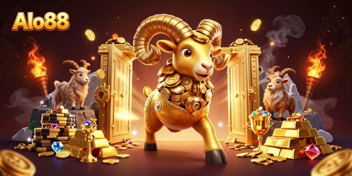 Alo88 captures the thrill of gaming as a golden ram charges towards fortunes, surrounded by treasures and vibrant elements.