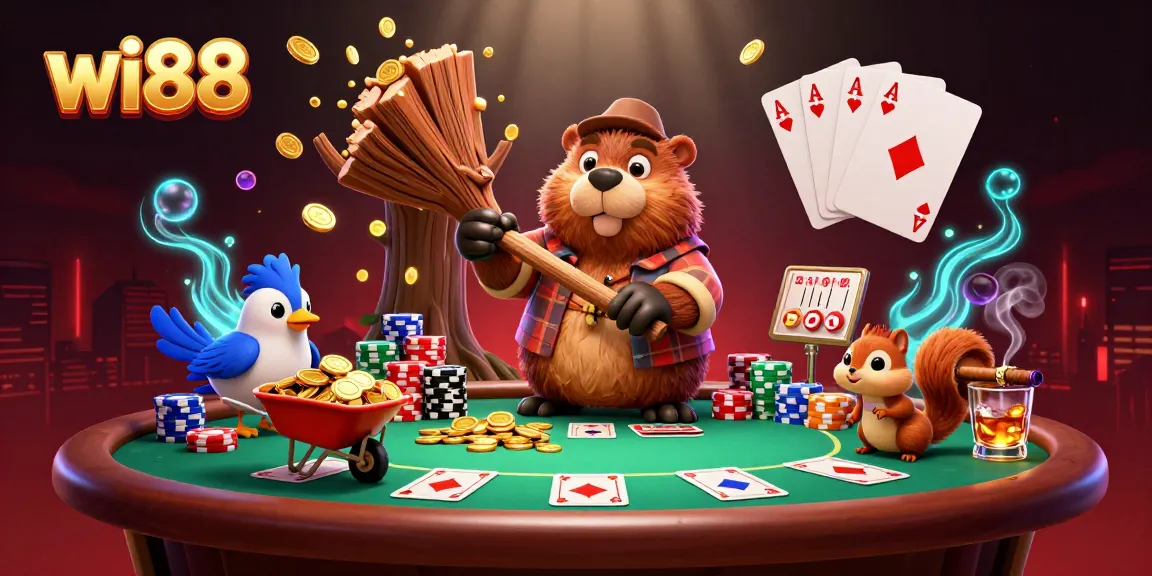 wi88 gamers winning big as a cartoon beaver collects gold coins at a vibrant casino scene.