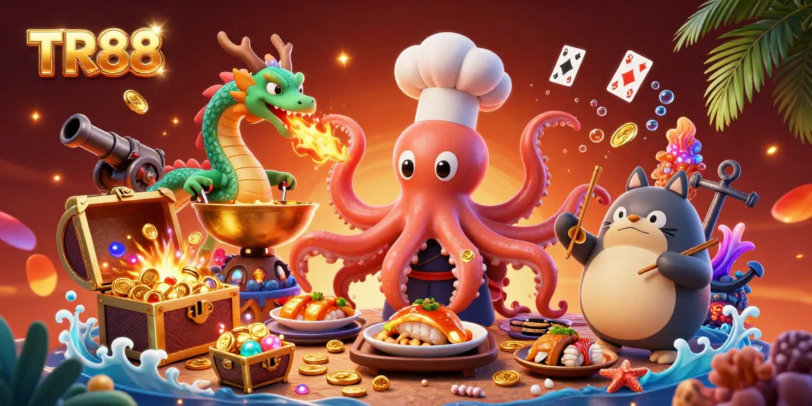 Experience the vibrant thrills of TR88 with a dynamic 3D illustration depicting online gaming elements and characters.