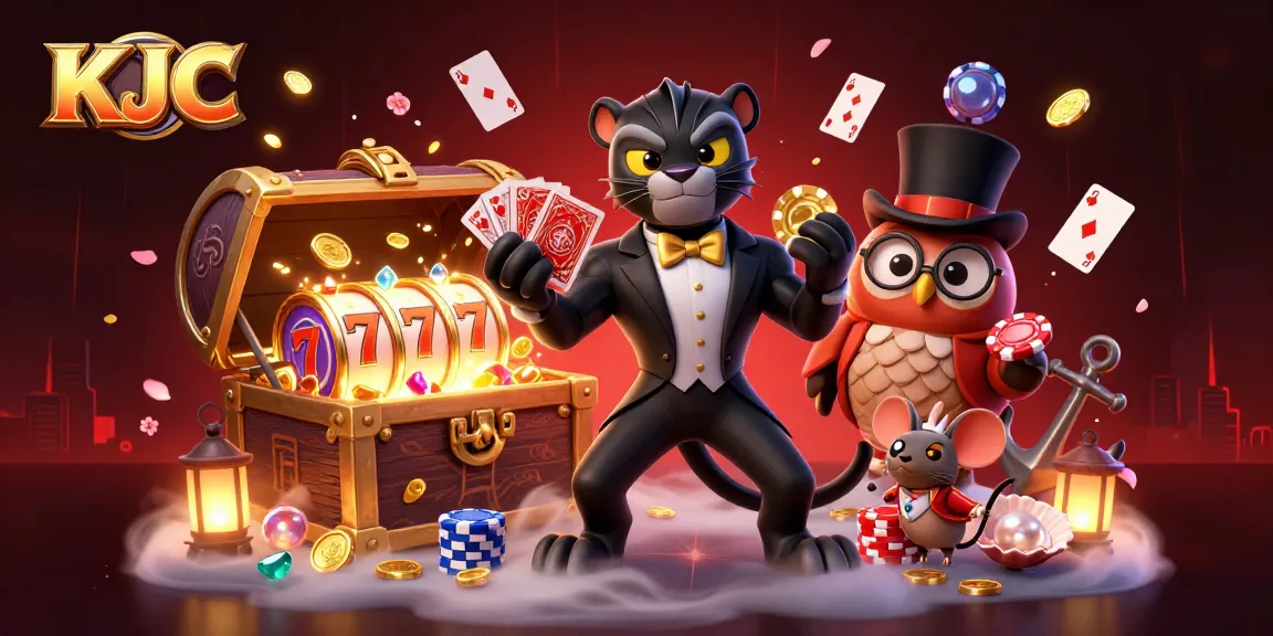 KJC showcases a stylish black panther dealing cards in a vibrant casino scene filled with gold coins and glowing slot reels.