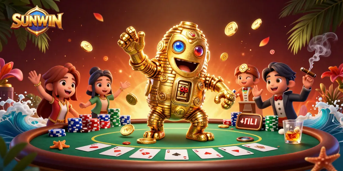 Engage with SUNWIN's golden golem amidst poker excitement, showcasing vibrant gambling elements.