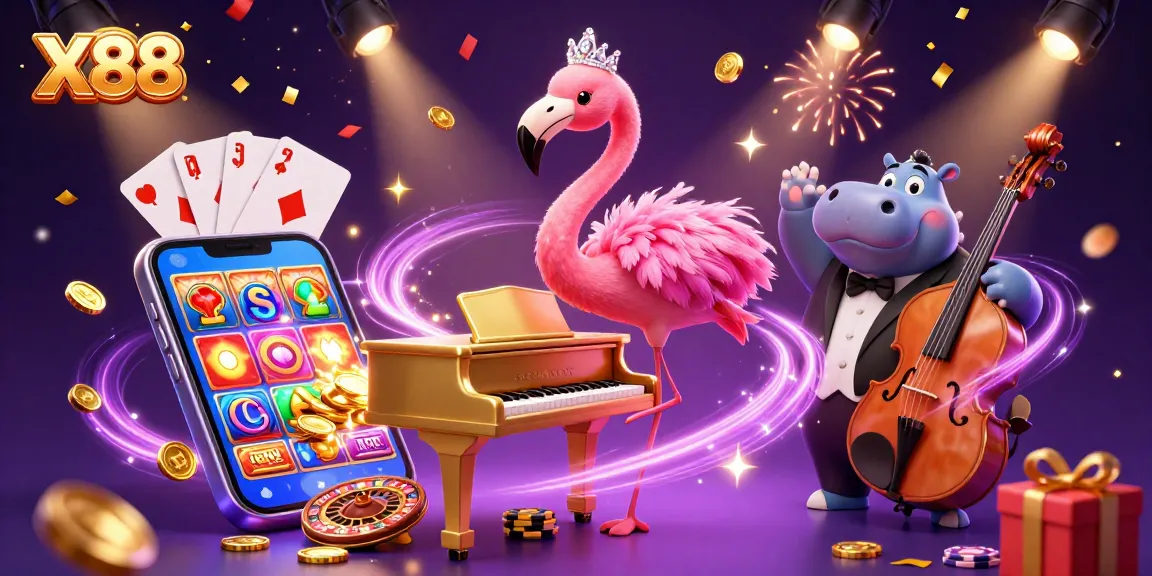 Spin to win at X88 with a vibrant casino illustration featuring games and excitement.