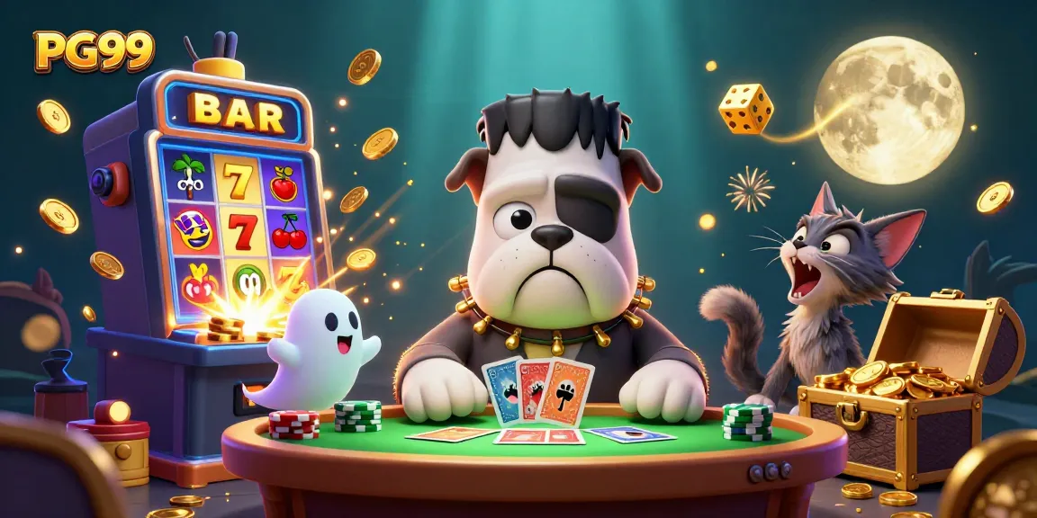 Experience PG99 thrills with a 3D cartoon scene of a Frankenstein bulldog dealer and more at a lively casino.