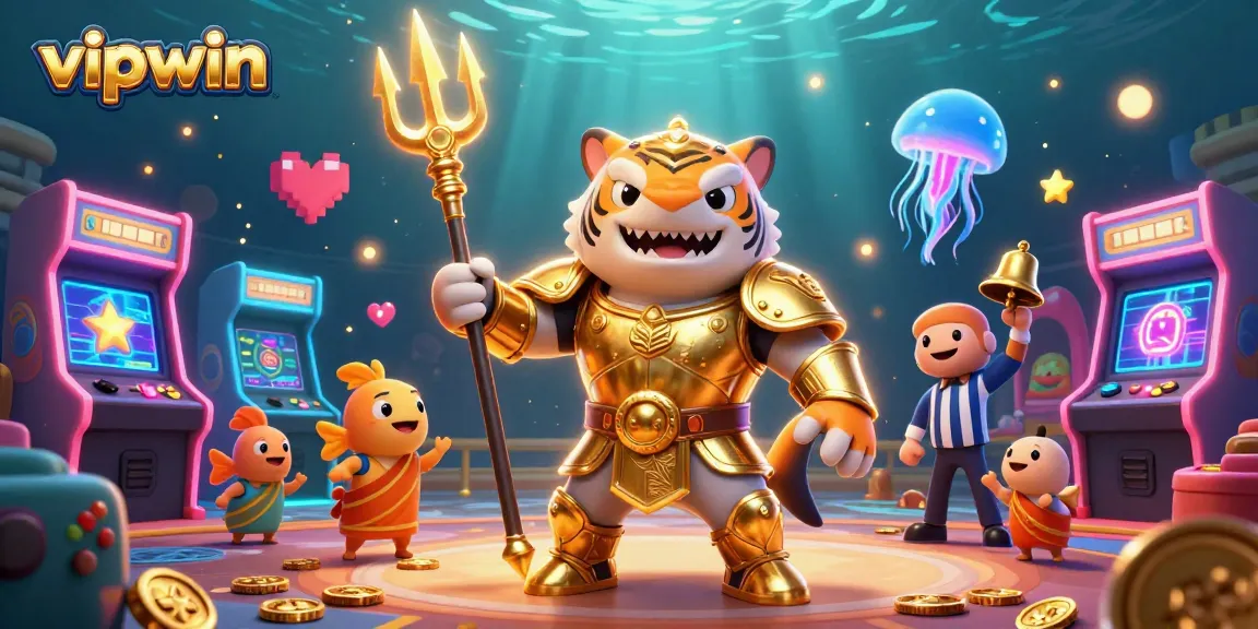 Engage in thrilling gaming at vipwin, featuring a vibrant underwater scene with a gladiator shark.
