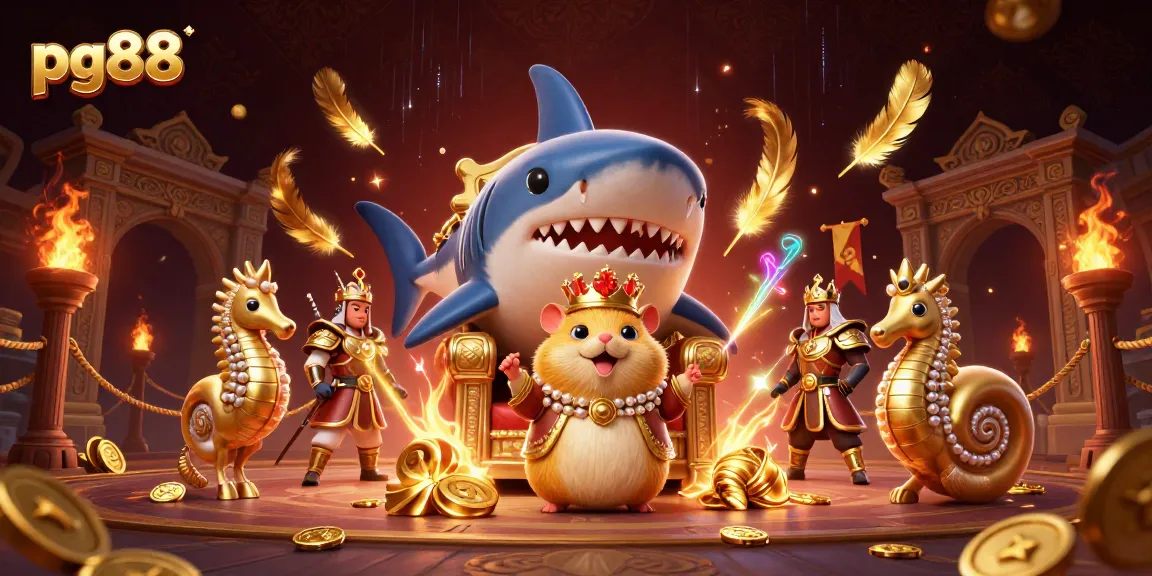 Experience thrills with pg88 as a fearless golden hamster king reigns in a vibrant casino arena filled with treasures.