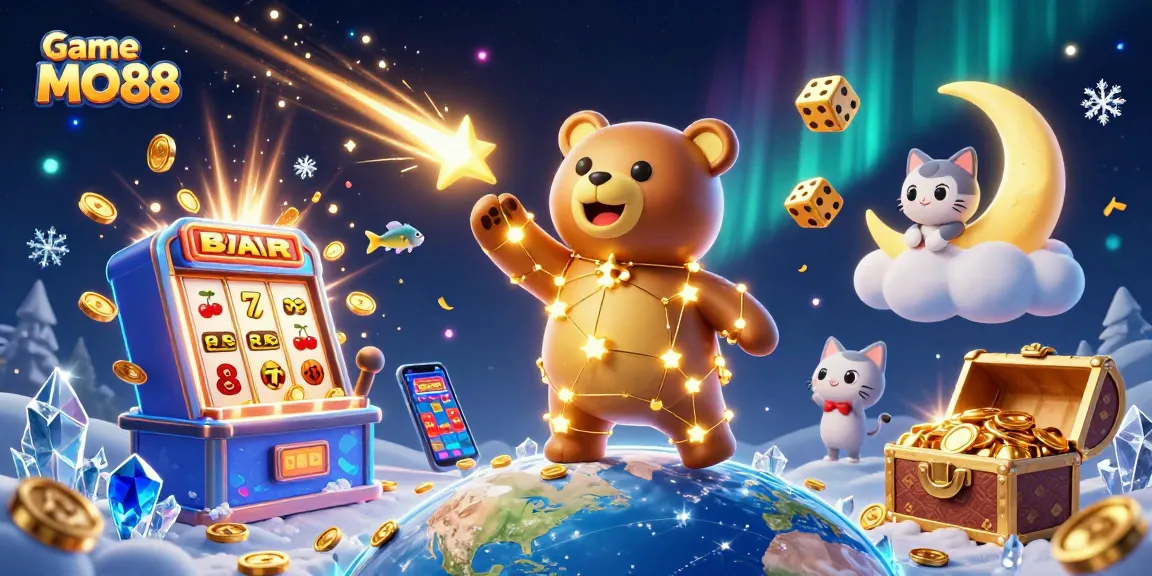 Engage with Game MO88 at a vibrant casino scene filled with stars and jackpots.