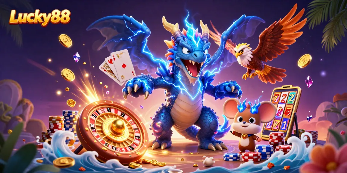 Experience the excitement of Lucky88 with dynamic casino elements and energetic characters.