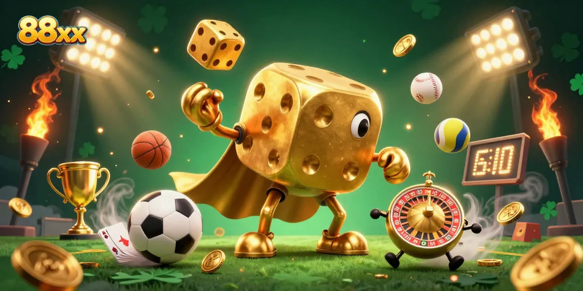 Experience the thrill of winning with 88xx at a dynamic casino scene featuring sports balls and golden elements.