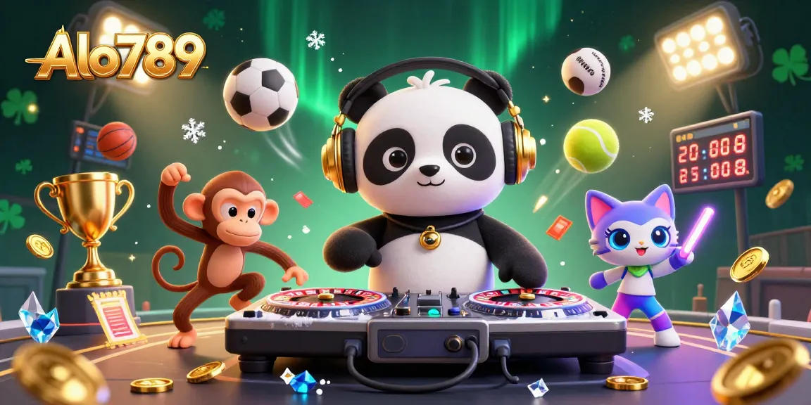 Alo789 offers thrilling gaming experience with lively characters amid vibrant casino elements.
