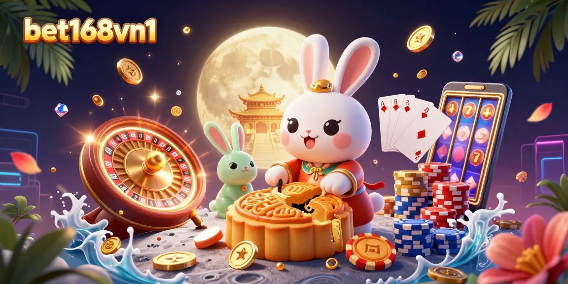 Engage in thrilling gameplay with bet168vn1's vibrant illustration featuring a playful moon rabbit and dynamic casino elements.